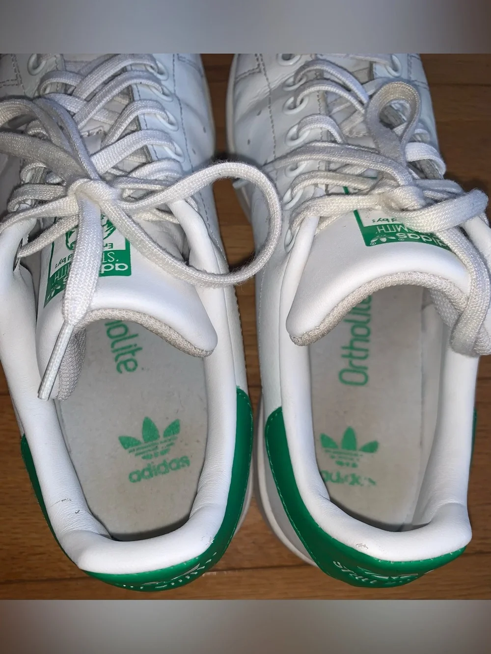adidas Stan Smith White Sneakers with Green Heel Tab and Tongue, Women’s 7.5